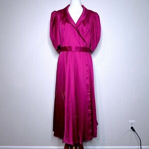 IEENA for Mac Duggal‎ Satin Magenta Midi Short Sleeve Dress 10 Formal MOB MOG
